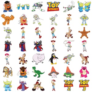May include: A collection of colorful stickers featuring Toy Story characters including Woody, Buzz Lightyear, Jessie, Mr. and Mrs. Potato Head, Rex, Hamm, Bullseye, Slinky Dog, Zurg, and the Aliens, along with the Toy Story, Toy Story 2, and Toy Story 3 logos.