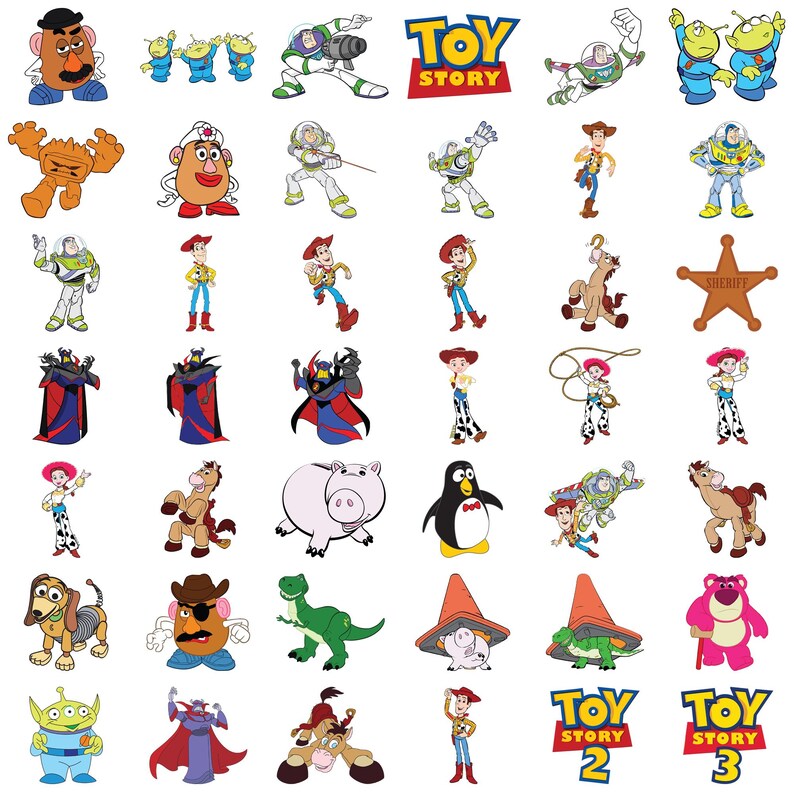May include: A collection of colorful stickers featuring Toy Story characters including Woody, Buzz Lightyear, Jessie, Mr. and Mrs. Potato Head, Rex, Hamm, Bullseye, Slinky Dog, Zurg, and the Aliens, along with the Toy Story, Toy Story 2, and Toy Story 3 logos.