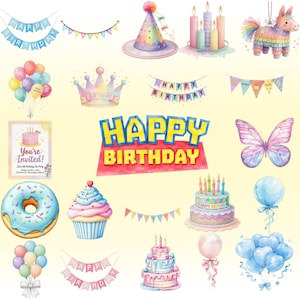 May include: A collection of watercolor birthday-themed illustrations including a Happy Birthday sign, party hats, candles, a pi&ntilde;ata, balloons, crowns, bunting banners, an invitation card, a donut, a cupcake, and tiered cakes in pastel colors.