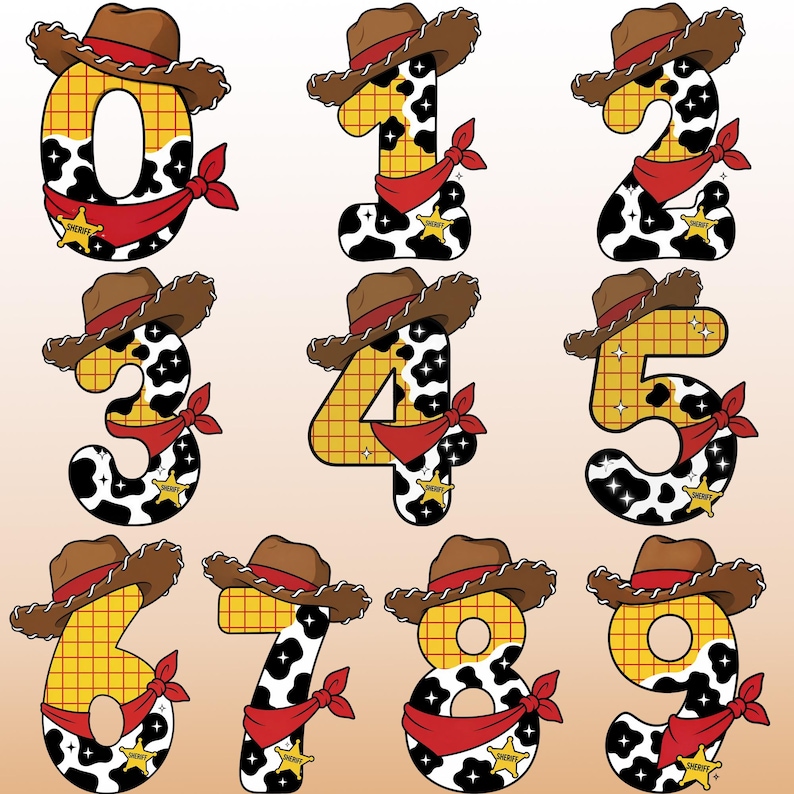 May include: A set of numbers zero through nine, each styled with a brown cowboy hat, a yellow grid pattern, black and white cow print, a red bandana, and a small yellow sheriff star badge. The numbers are arranged in a grid against a light background.