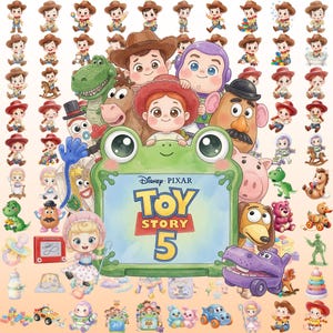May include: A digital illustration featuring the Toy Story 5 logo centered on a green frog-shaped frame, surrounded by numerous small, stylized character icons including Woody, Buzz Lightyear, Jessie, Rex, Mr. Potato Head, and various other toys.