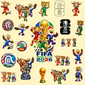 Pode incluir: Uma coleção de gráficos da Copa do Mundo FIFA 2026 com mascotes em uniformes vermelhos, verdes e azuis, bolas de futebol, o troféu dourado e o logotipo oficial com o texto FIFA WORLD CUP 2026. Os designs mostram os personagens em várias poses.