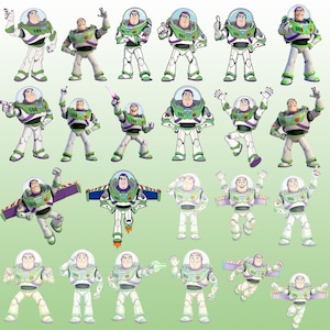 May include: A collection of twenty Buzz Lightyear action figures in various poses, each wearing a white, green, and purple space suit with a clear plastic helmet dome, chest control panel, and retractable wings on some figures.