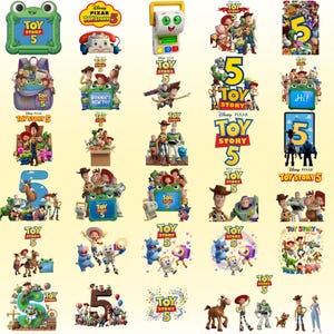 May include: A collection of digital stickers featuring Disney Pixar Toy Story 5 characters including Woody, Buzz Lightyear, Jessie, and Bullseye, alongside the Toy Story 5 logo, various colorful graphic elements, and a green frog-shaped toy device.
