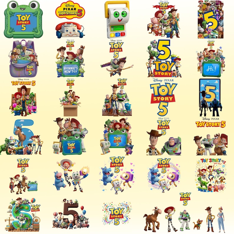 May include: A collection of digital stickers featuring Disney Pixar Toy Story 5 characters including Woody, Buzz Lightyear, Jessie, and Bullseye, alongside the Toy Story 5 logo, various colorful graphic elements, and a green frog-shaped toy device.