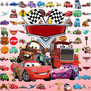 May include: A collection of Disney Pixar Cars characters including Lightning McQueen, Mater, and Mack, surrounding a large red blank banner topped with two checkered racing flags. The design features various vehicles, road signs, and trophies.