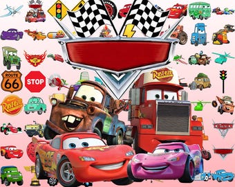 100+ Autos PNG Riesiges Cliparts Bundle, Lightning McQueen & Tow Mater PNG Zeichentrickfiguren, Geburtstag, Shirt, Kuchendeckel, Sublimations-Download