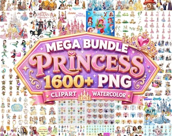 1600+ Prinzessin Mega Bundle PNG-Dateien, Märchen Prinzessin Clipart, Geburtstag-Partydekor, Cartoon Prinzessin Digital Download