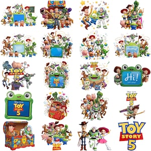 May include: A collection of Toy Story 5 digital graphics featuring Woody, Buzz Lightyear, Jessie, and other characters. The images include various scenes with a green frog-shaped frame, a toy chest, and the Toy Story 5 logo in blue and yellow.