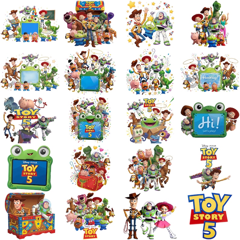 May include: A collection of Toy Story 5 digital graphics featuring Woody, Buzz Lightyear, Jessie, and other characters. The images include various scenes with a green frog-shaped frame, a toy chest, and the Toy Story 5 logo in blue and yellow.