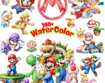 140+ Super Mario Clipart Aquarell PNG Bundle, Mario und Freunde Clipart, Prinzessin Peach PNG, Luigi PNG, Mario Kart Clipart, Party Dekor