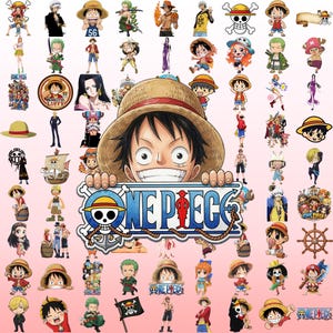 Puede incluir: Una colección de pegatinas de vinilo coloridas con varios personajes del anime One Piece, incluidos Monkey D. Luffy, Roronoa Zoro y Nami, junto con el logotipo de One Piece, sombreros de paja, banderas piratas y barcos sobre un fondo rosa claro.