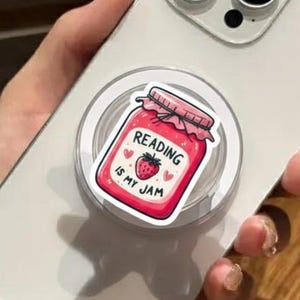 Magnetyczny uchwyt do telefonu "Czytanie to moja pasja", uroczy dodatek do telefonu w kształcie słoika z dżemem truskawkowym, prezent dla miłośnika książek, zabawny, literacki uchwyt do telefonu Magsafe