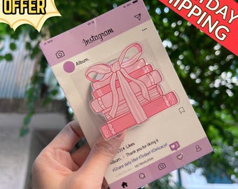 Gift Box Magnetic Phone Grip: Pink Ribbon Gift Stack Phone Holder, Cute Book-Inspired Phone Stand, Perfect Gift for Book Lovers & Friends