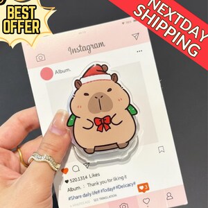 May include: A clear acrylic phone grip featuring a cartoon capybara wearing a Santa hat and bow tie, set against a pink Instagram-themed background. The image includes the text "BEST OFFER" and "NEXTDAY SHIPPING".