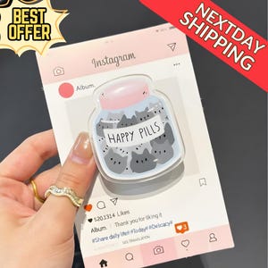 Poignée magnétique pour téléphone Happy Pills pour chat - Joli bocal pour chat kawaii, compatible MagSafe, cadeau amusant pour les amoureux des chats et les adolescents