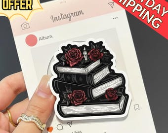 Gothic Book Stack Magnetic Phone Grip, Book Lover Grip, Vintage Rose Design, Literary Phone Grip, Gothic Aesthetic Accessory, Bookish Gift