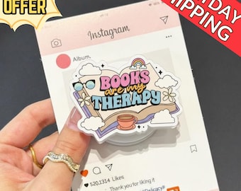 Books Are My Therapy MagSafe Phone Grip: Bookish Magnetic Griptok, Reader Gift, Aesthetic Pastel Phone Holder for Book Lovers