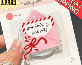 Dear Santa Send Books Magnetic Phone Grip, Magsafe Bookish Grip – Cute Pink Christmas Letter Phone Holder, Book Lover Holiday Accessory
