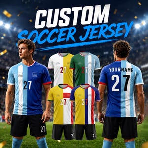 May include: A collection of custom soccer jerseys featuring split-color designs, the number 27, and placeholder logo boxes. The jerseys are displayed in various color combinations including blue, white, yellow, green, and red, paired with black shorts.