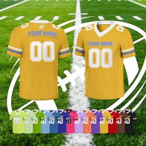 May include: Two gold football jerseys with white numbers and lettering. One jersey says "YOUR NAME" and the other says "TEAM NAME". A variety of colored jerseys are displayed below, each with the text "TEAM NAME" and the number "00".
