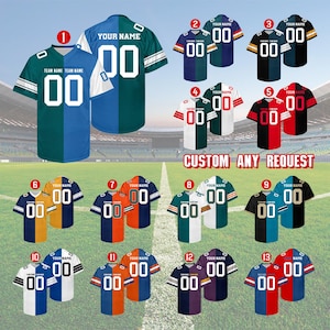 May include: A collection of football jerseys in various color combinations, including blue, green, black, red, and white. Each jersey features the number "00" prominently displayed, with space for a team name and a personalized name. The text "CUSTOM ANY REQUEST" is also visible.