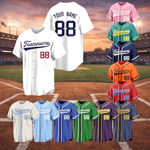 May include: A collection of baseball jerseys in various colors, including white, pink, teal, navy, orange, and red. Each jersey features the number 88 and the word "Teamname" or "Your Name". Some jerseys have striped patterns.