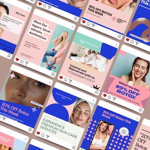 Puede incluir: Una colección de publicaciones en redes sociales que promocionan servicios de cuidado de la piel. Las publicaciones presentan imágenes de mujeres, texto y gráficos. Las publicaciones anuncian tratamientos de Botox y otros servicios premium para el cuidado de la piel. La combinación de colores incluye rosa, azul y blanco.