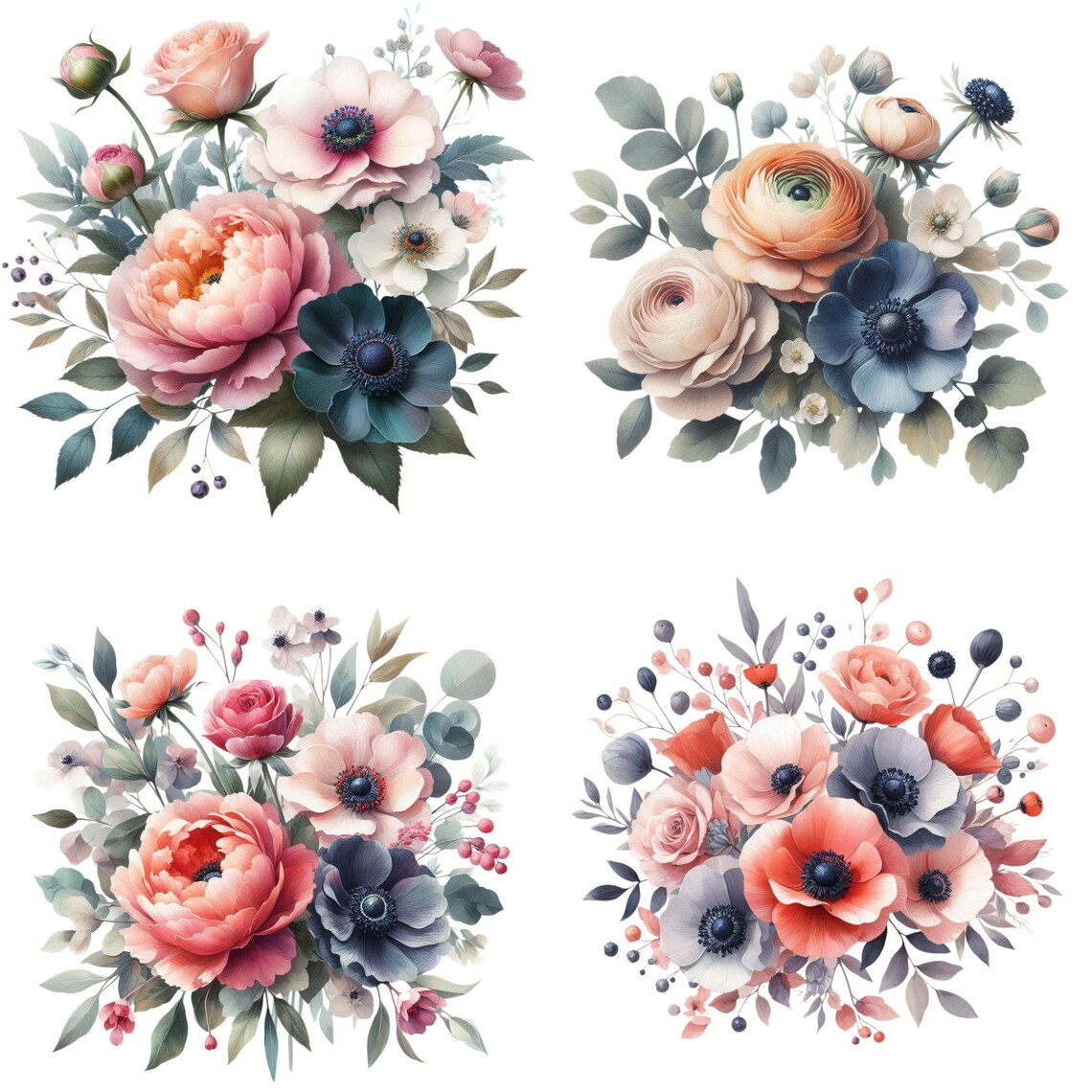 15 Watercolor Floral Bouquet PNG | Elegant Blush & Navy Flower Clipart ...