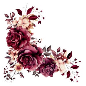 18 Burgundy Floral PNG | Blush Rose Clipart for Sublimation & Wall Art | Elegant Watercolor Flower Corner Frame Digital Download png
