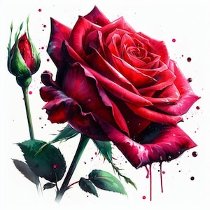 May include: A watercolour painting of a deep red rose in full bloom, with a bud to the left. The petals have a layered texture and a gradient of dark to light red. Green leaves and stem complete the floral arrangement.
