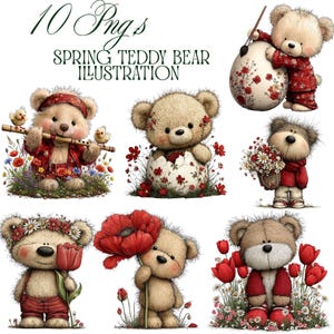 Spring Teddy Bear Illustration Bundle: Seasonal Character Art Set 10 PNG