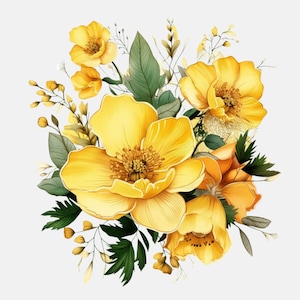 Könnte beinhalten: Aquarell-Illustration eines Bouquets gelber Blumen mit grünen Blättern und Stielen. Die Blumen haben mehrere Blütenblattschichten und befinden sich in verschiedenen Blühstadien. Der Hintergrund ist weiß.