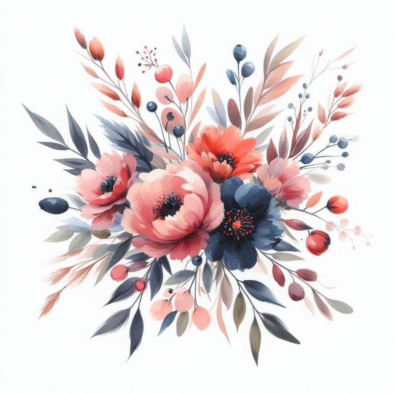15 Watercolor Floral Bouquet PNG | Elegant Blush & Navy Flower Clipart ...