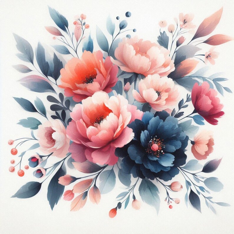 15 Watercolor Floral Bouquet PNG | Elegant Blush & Navy Flower Clipart ...