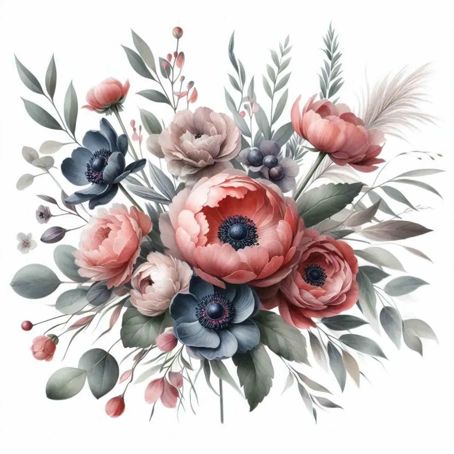 15 Watercolor Floral Bouquet PNG | Elegant Blush & Navy Flower Clipart ...