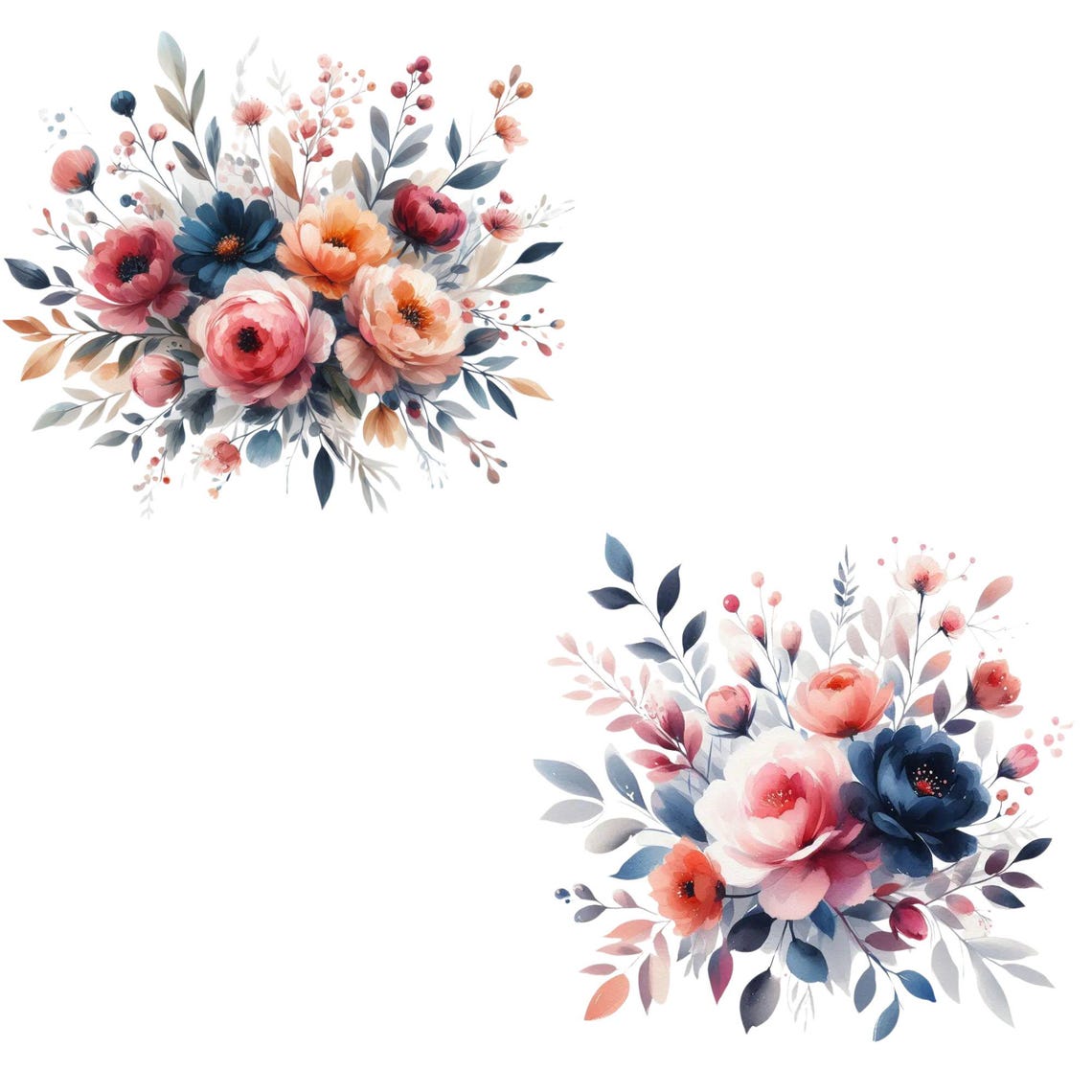 15 Watercolor Floral Bouquet PNG | Elegant Blush & Navy Flower Clipart ...