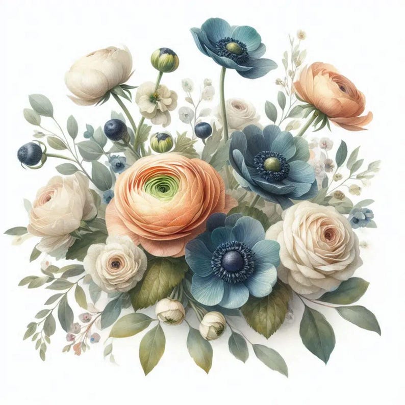 15 Watercolor Floral Bouquet PNG | Elegant Blush & Navy Flower Clipart ...