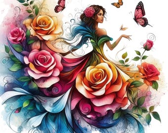 13 Blumen Frau PNG | Elegante Dame mit Blumen | Aquarell weibliches Porträt Clipart | Sublimationsdesign | Digitaler Download Kunst png