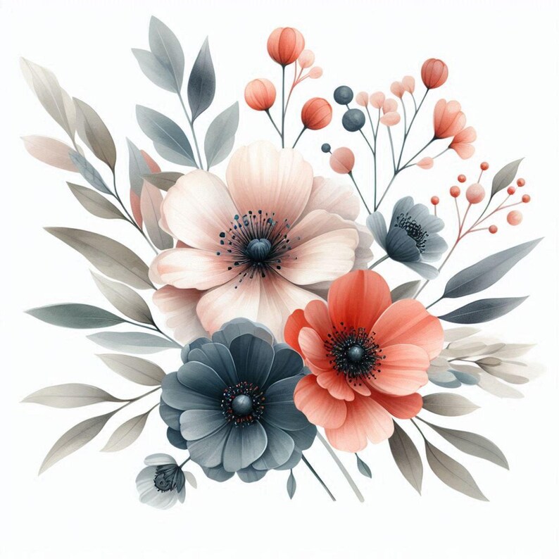 15 Watercolor Floral Bouquet PNG | Elegant Blush & Navy Flower Clipart ...