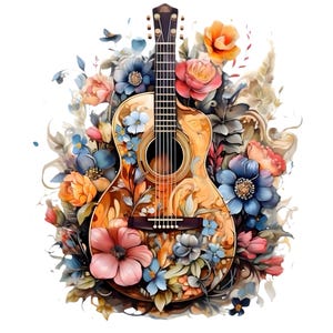 May include: Acoustic guitar illustration with floral accents. The guitar features a light brown body with intricate floral designs. Surrounding the guitar are colorful flowers in shades of pink, blue, and orange, creating a vibrant and artistic composition.
