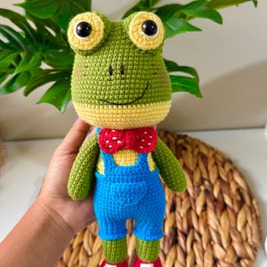 May include: A handmade crochet frog doll. The frog is green with yellow accents, large round eyes, and a red bow tie. It wears blue overalls and red shoes. The doll is held in front of a green leafy background.