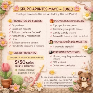 Puede incluir: Un gráfico promocional para un grupo de proyectos de crochet, con una lista de proyectos como flores, proyectos especiales y personajes. El texto incluye nombres de proyectos, tamaños en cm y un precio de preventa en soles peruanos y dólares estadounidenses.