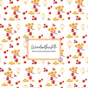 Può includere: Motivo ripetuto con elementi del Capodanno cinese. Presenta lanterne rosse, lingotti d'oro e rami con fiori gialli e dettagli rossi, il tutto su sfondo bianco. È presente anche il testo "WonderBoxPh" e "Non-Exclusive Seamless Pattern".