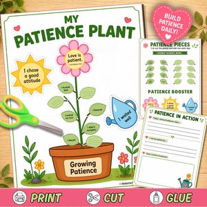 Puede incluir: Una colorida impresión educativa titulada "My Patience Plant" con una maceta, una flor y hojas. La imagen incluye el texto "Love is patient" y "I chose a good attitude." También se incluye un par de tijeras verdes.