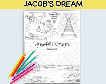 May include: A coloring book page titled "Jacob's Dream" with illustrations of biblical scenes and a landscape. The image includes a set of colored pencils in various colors, ready for use. The text "Jacob's Dream" is displayed at the top.
