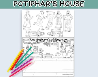 May include: A black and white colouring book page with the text "POTIPHAR'S HOUSE" at the top. The page features illustrations of biblical scenes and characters, with a set of coloured pencils in the lower left corner.