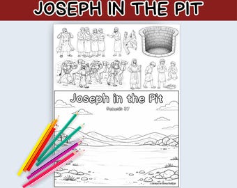 May include: A black and white colouring book page titled "Joseph in the Pit" with illustrations of biblical scenes. A set of coloured pencils in various colours are in the lower left corner.