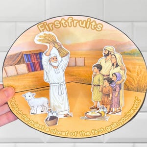 May include: A circular illustration with the text "Firstfruits" depicts a biblical scene. A man in white robes holds wheat, with a family and lamb nearby. The text "bring to the priest a sheaf of the first grain you harvest" is also present.