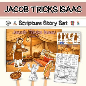 May include: A "Scripture Story Set" depicting scenes from the biblical story "Jacob Tricks Isaac". The set includes colour illustrations of characters and settings, plus black and white line drawings. The title "Jacob Tricks Isaac" is displayed.